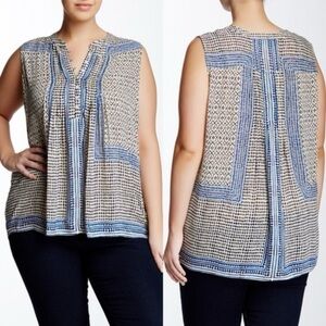 Lucky Brand Blue and Cream Relaxed Tunic with Mandarin Collar
